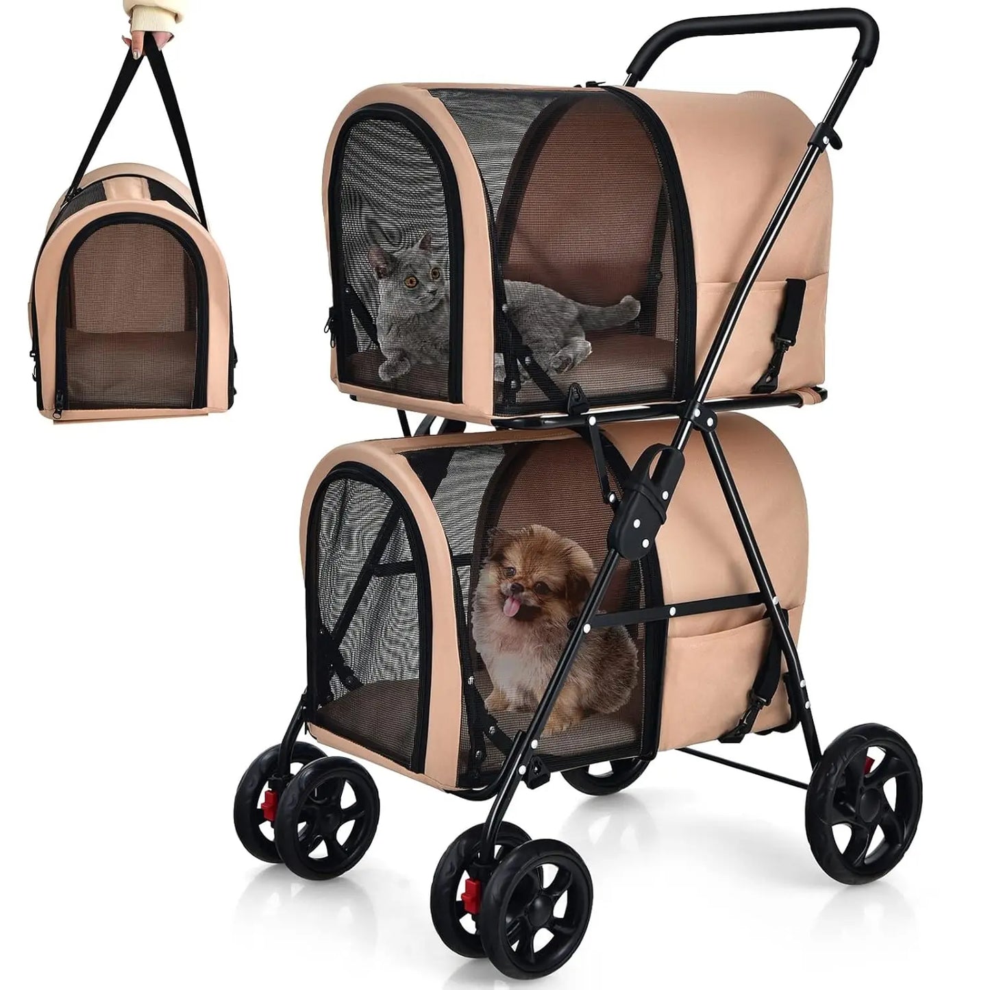 Double Pet Stroller with 2 Detachable Carrier Bags, Safety Belt, 4 Lockable Wheels Cat Stroller Travel Carrier Strolling Cart