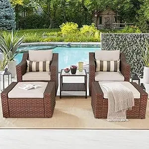 5 Piece Patio Conversation Set Outdoor Furniture Set, Brown Wicker Lounge Chair with Ottoman Footrest, W/Coffee Table & Cushion