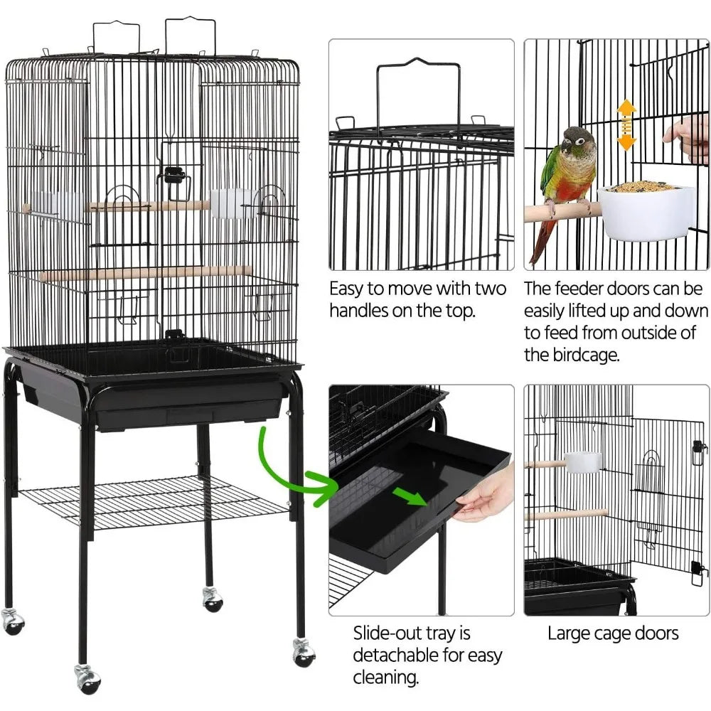 Open Top Rolling Bird Cage With Detachable Features