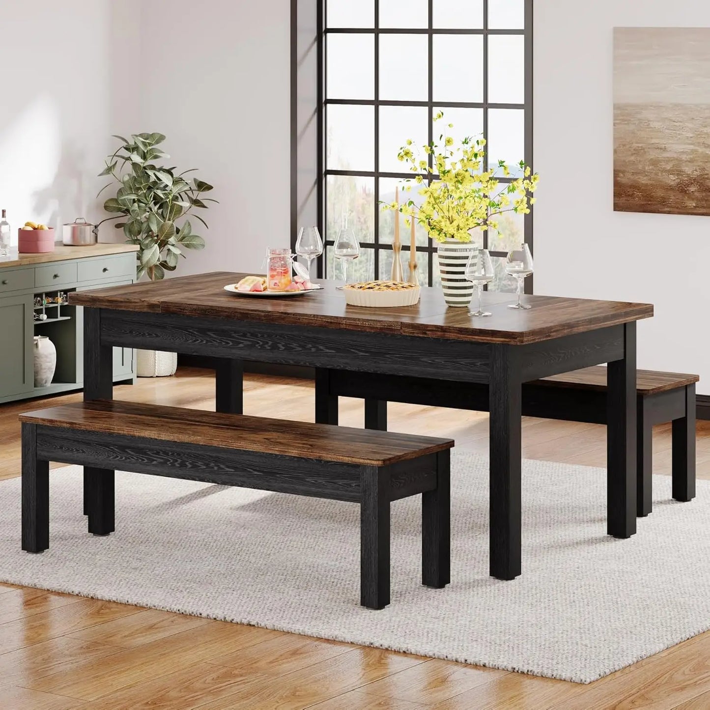 Farmhouse Kitchen Table Set for 4-6, 55-Inch Wooden Dining Table with 2 Benches, Space Saving Heavy Duty Dinette for Dining Room
