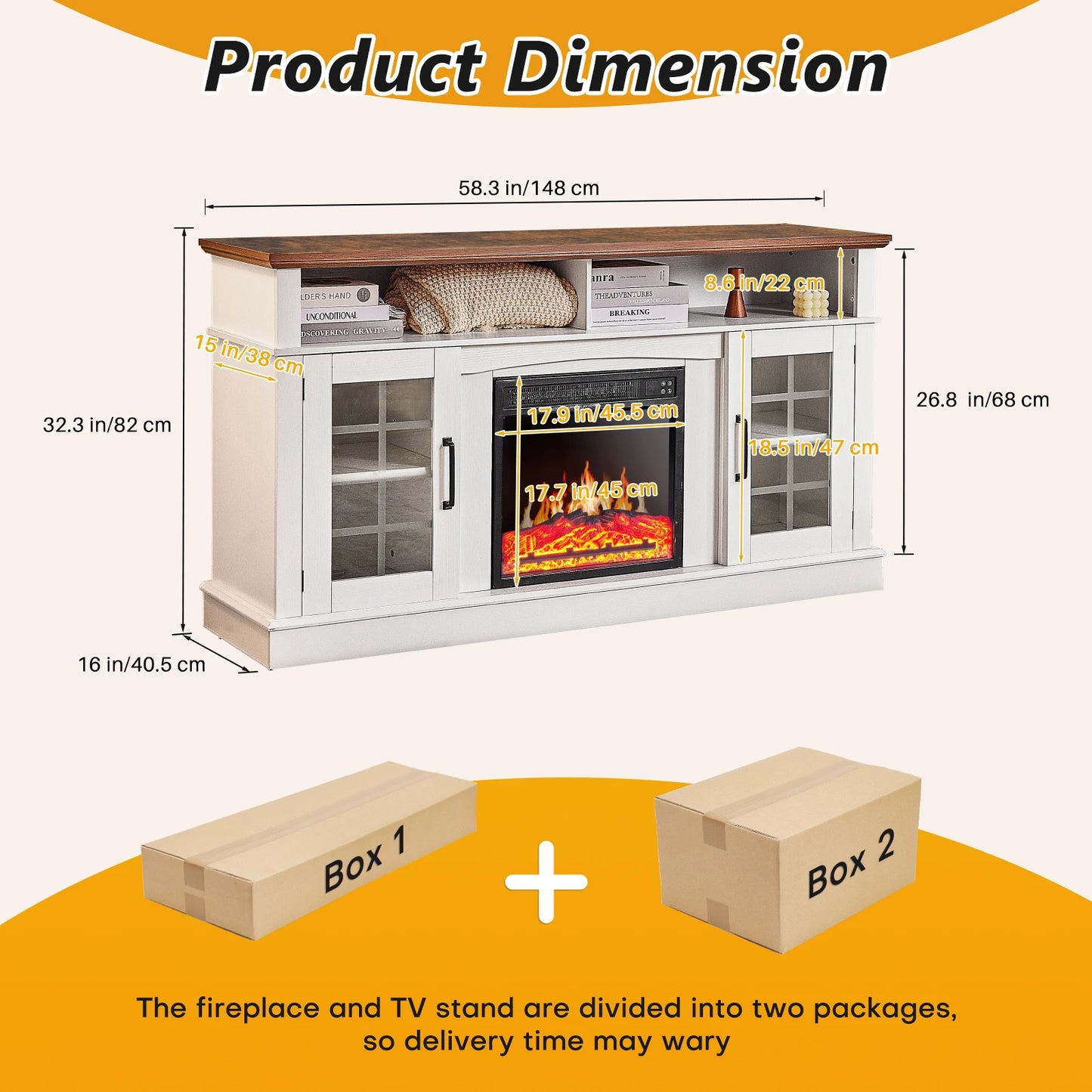 Fireplace TV Stand for 65" TV Media Entertainment Center Console Table w/ 18'' Electric Fireplace Remote Control Storage Shelves