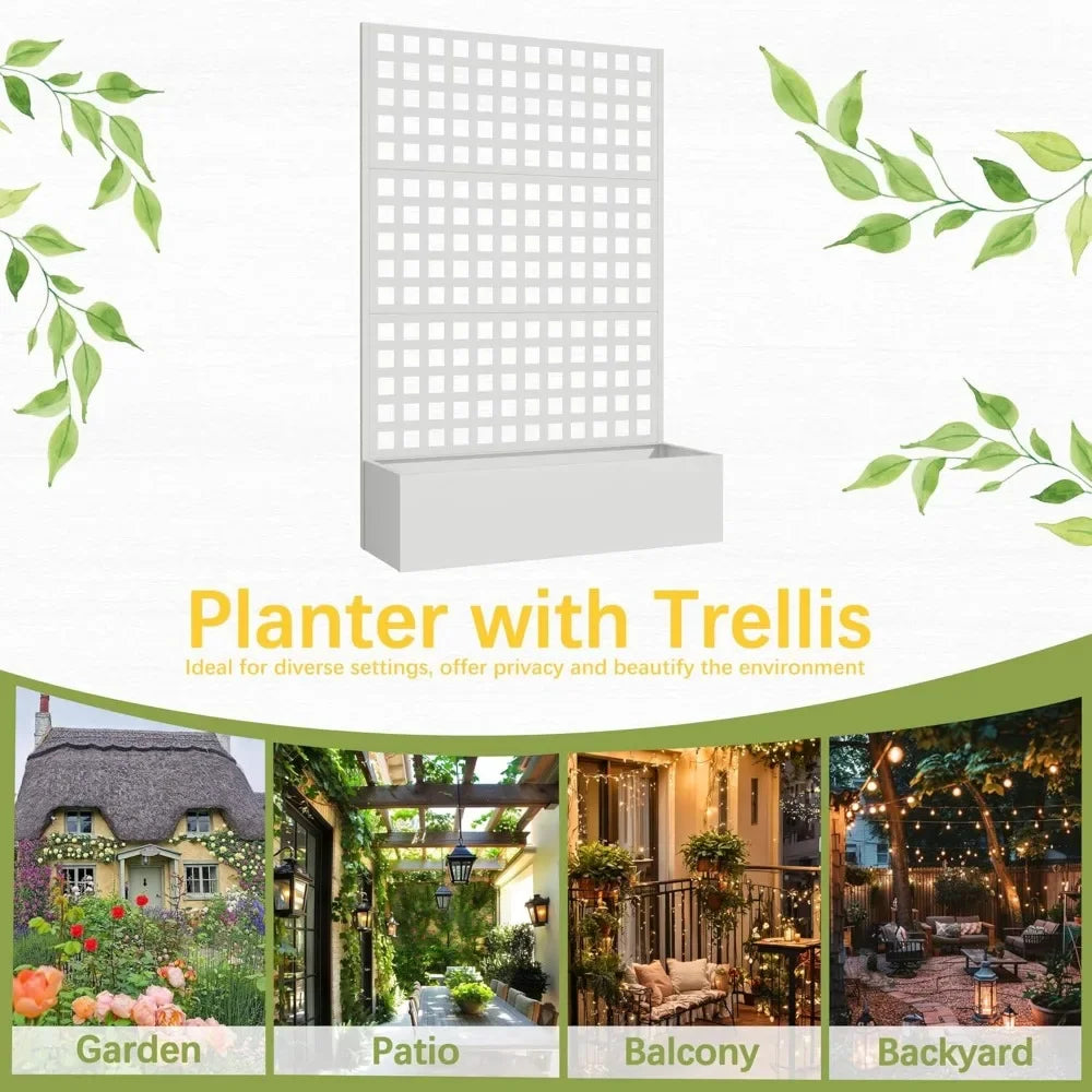 Metal Planter Box with Trellis, 71"x 47"x 16" Raised Garden Bed with Trellis, Planter Box Trellis with Privacy Screen and Draina