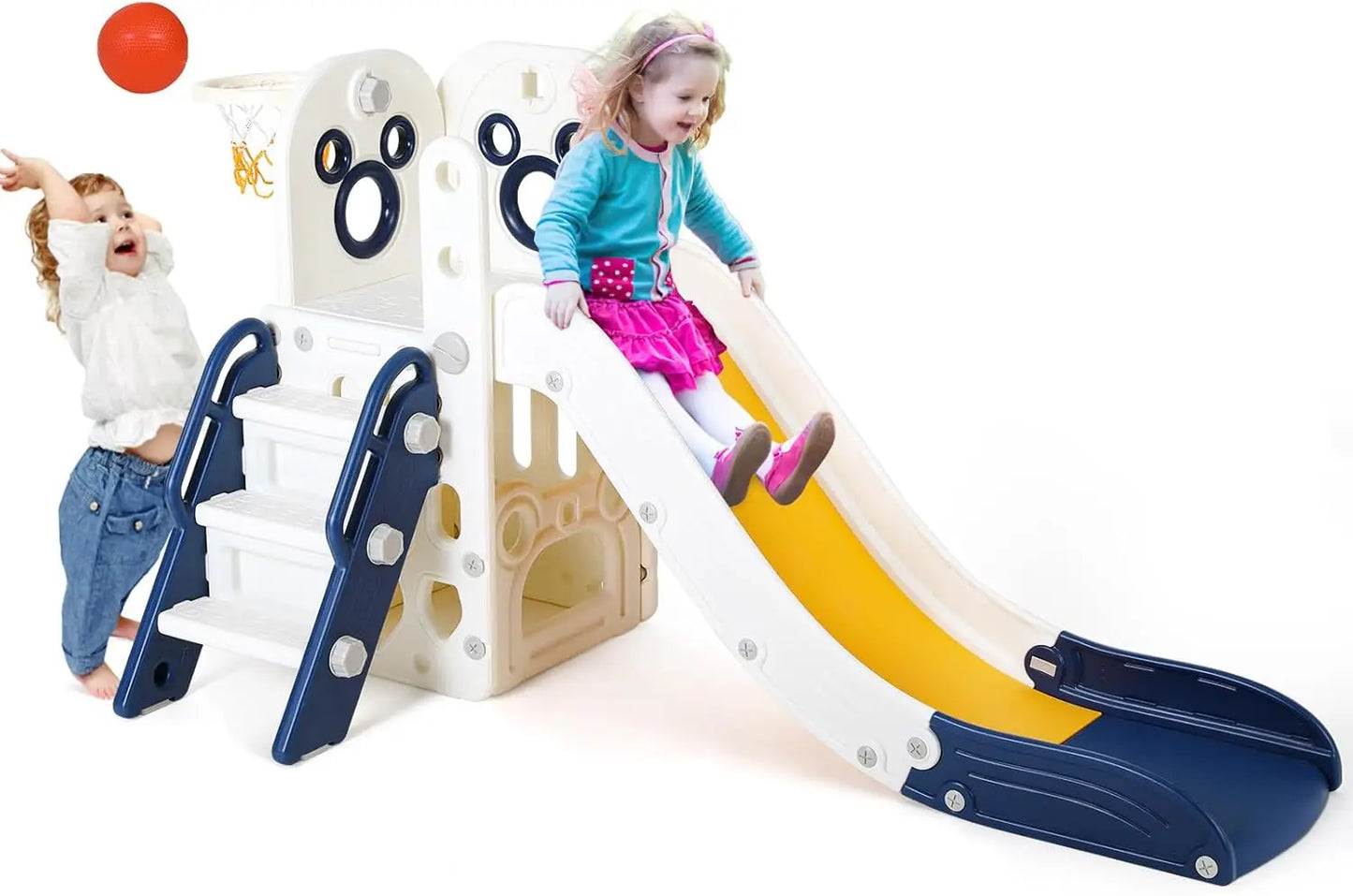 Kids Slide L-Shaped, 5 in 1 Slide Climber for Toddler, with Ball & Hoop,Storage Space and Non-Slip Steps,In/Outdoor Baby Playset
