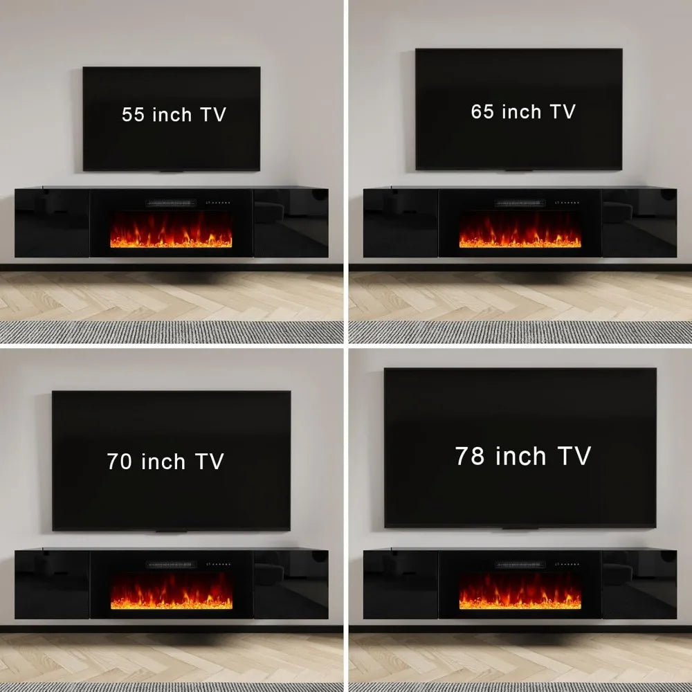Floating TV Stand with 36" Electric Fireplace, High Gloss Finish Wall Mounted Fireplace Entertainment Center with Storage for T