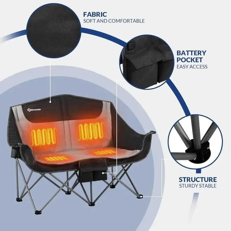 Home.Heated Double Camping Chair, 2-Person Folding Chair with 12V 16000mAh Battery Pack, Heated Portable Loveseat Chair