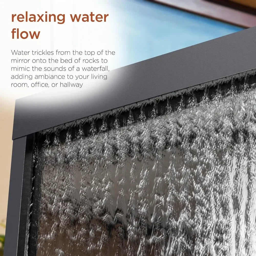 HOME.Tools.Mirror Waterfall Fountain with Stones and Lights - Zen Indoor/Outdoor Decor for Office, Living Room, Patio, Entryway