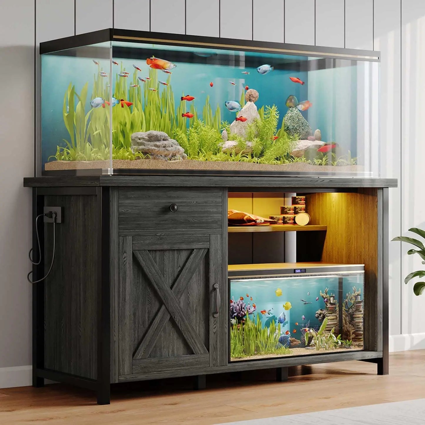ZHUOTING PremiumGrade SolidWood Aquarium Stand With Integrated LEDLighting USBOutlets System
