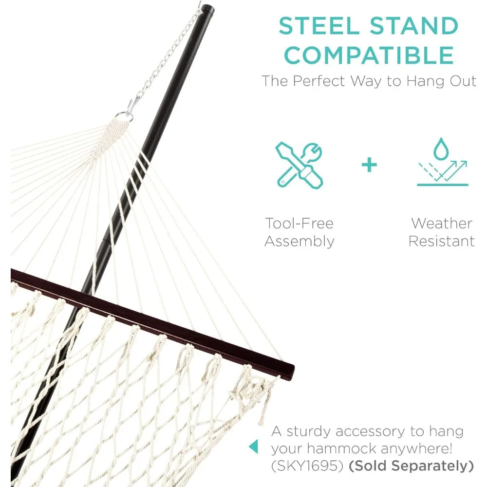 2-Person Double Hammock, Outdoor Woven Cotton Rope Hammocks for Backyard, Patio w/Spreader Bars, Carrying Case