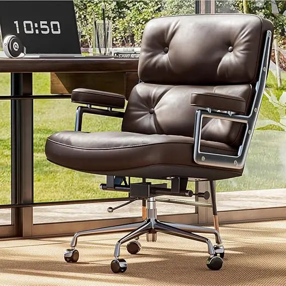 Genuine Leather Office Chair, Mid Back Executive Desk Chair with Aluminum Arms and Wheels, Swivel Office Leather Chair with Thic