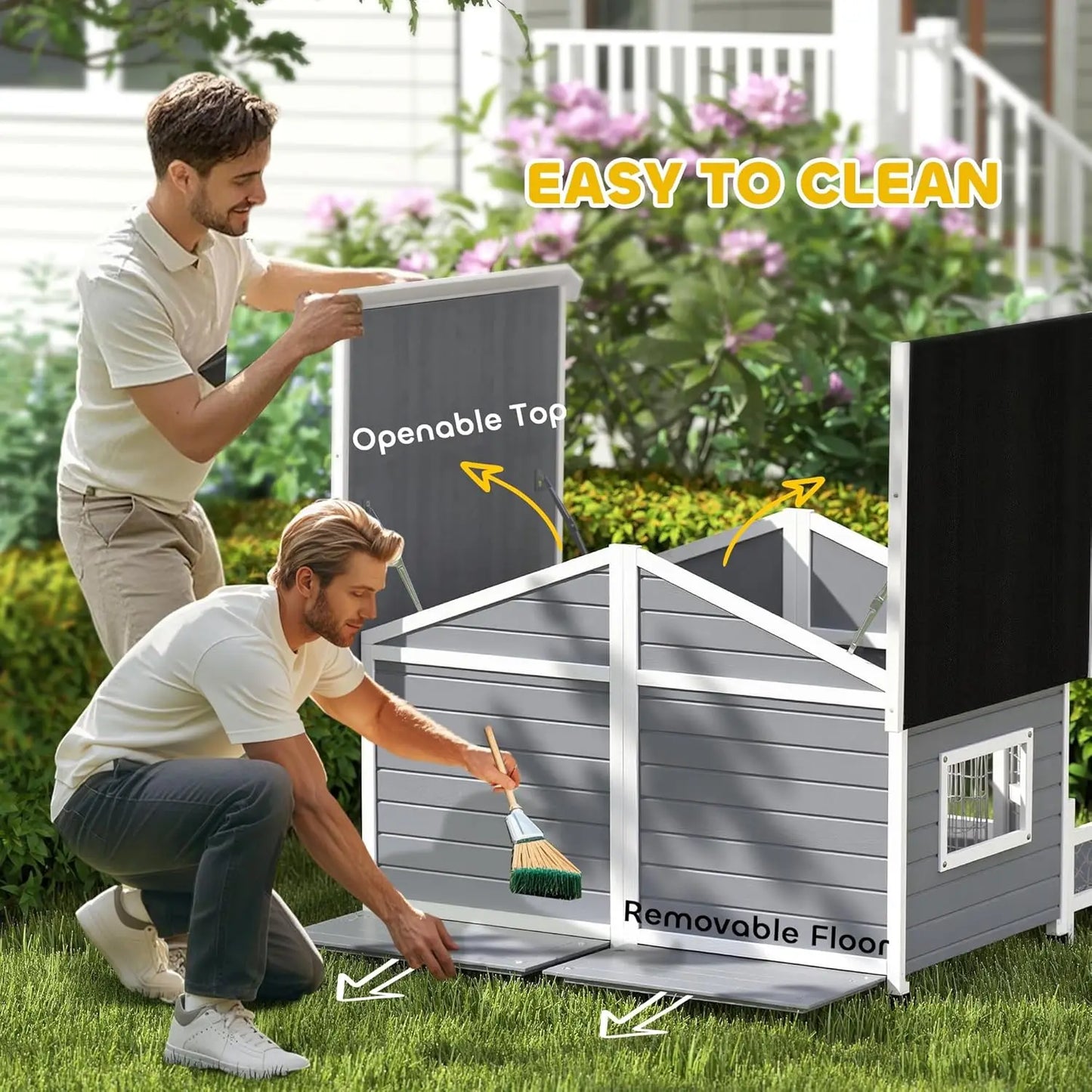 XMSJ Weatherproof Dog Kennel With Porch OpenableRoof ElevatedFloor RemovableBottom DoubleRoom