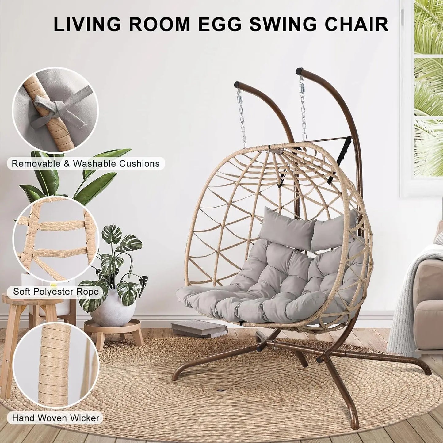 Outdoor Egg Swing Chair with Stand, 2 Person Patio Swing Chairs with Thick Cushions and Pillows, Wicker Double Egg Chair Swing