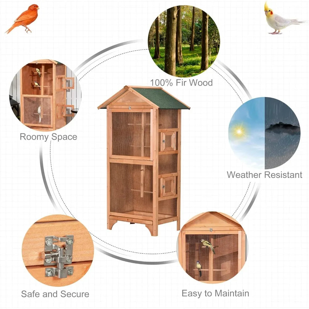 Wooden Outdoor Bird Cage For Finches And Parakeets With Removable Bottom Tray And Four Perches