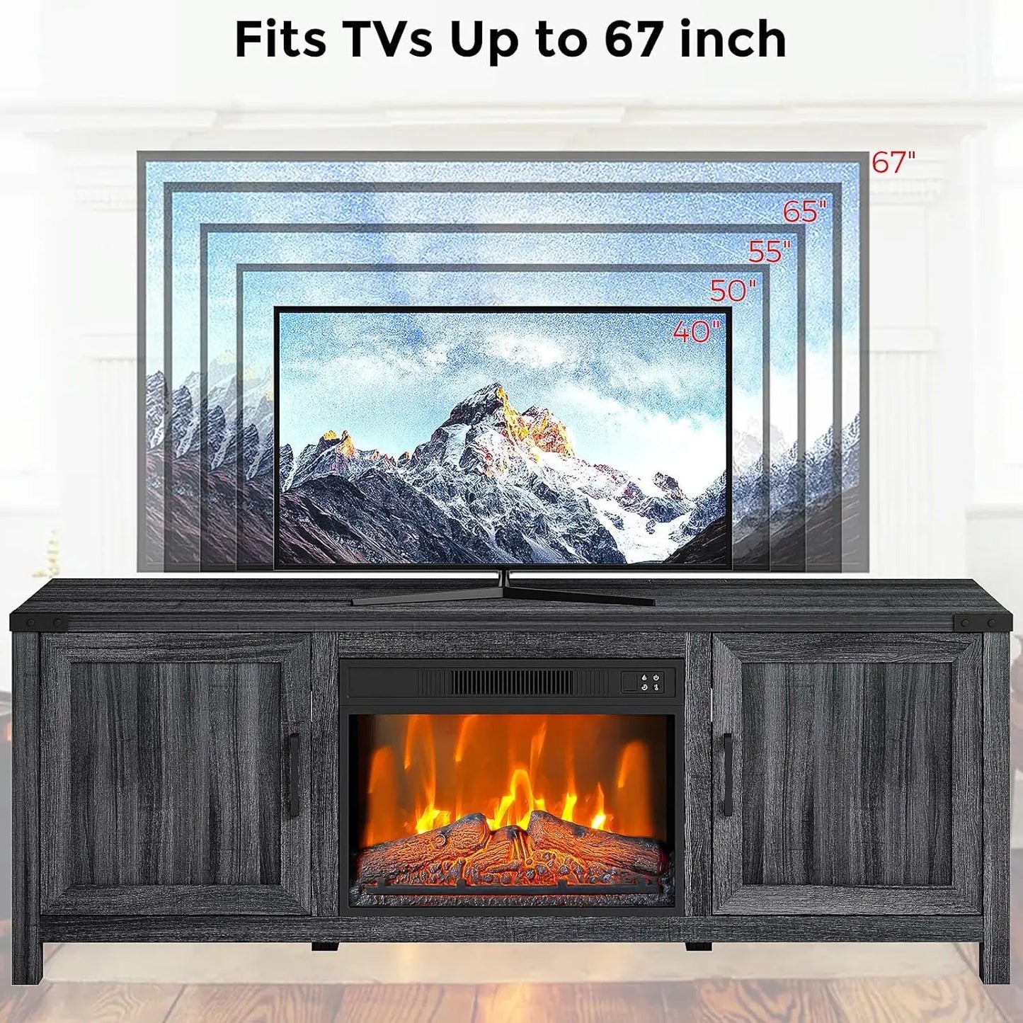 Fireplace TV Stand 67 Inches, Entertainment Center with 23" Electric Fireplace Storage Cabinet Doors and Open Shelves