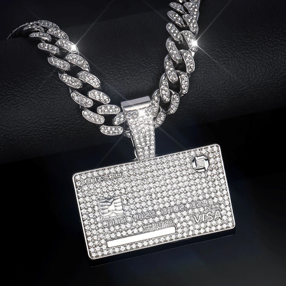 Mens Credit Visa Card Pendant Zircon Cuban Necklace