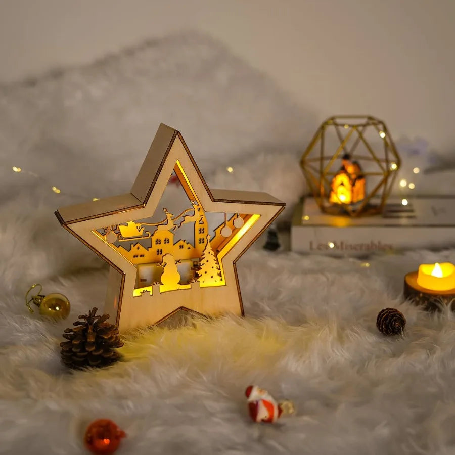 Christmas Tree Topper Star Lighted 3D Wooden Star Topper