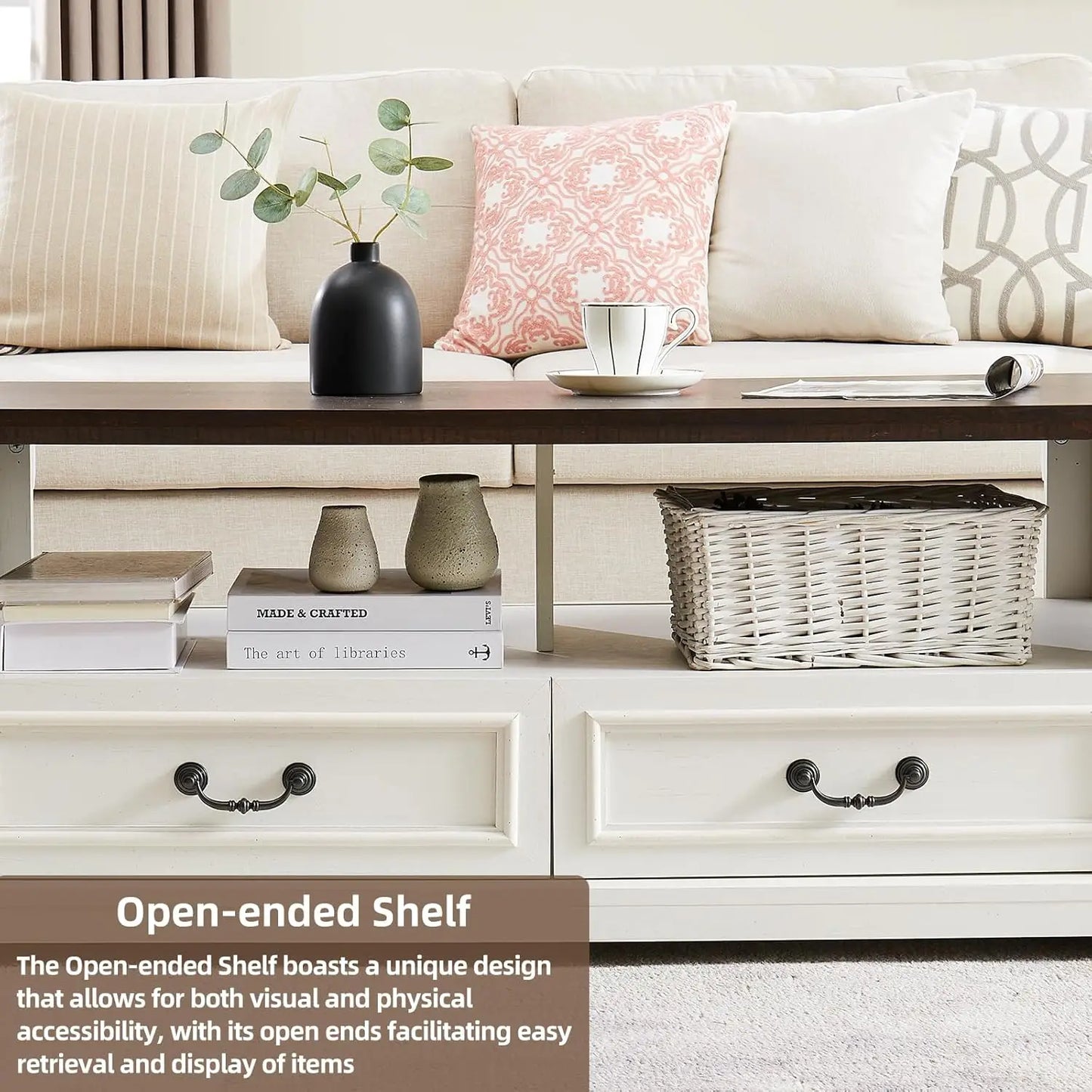 48'' Wood Coffee Table for Living Room, Farmhouse Coffee Table with Storage, Rustic Center Table for Living Room with 4 Drawers