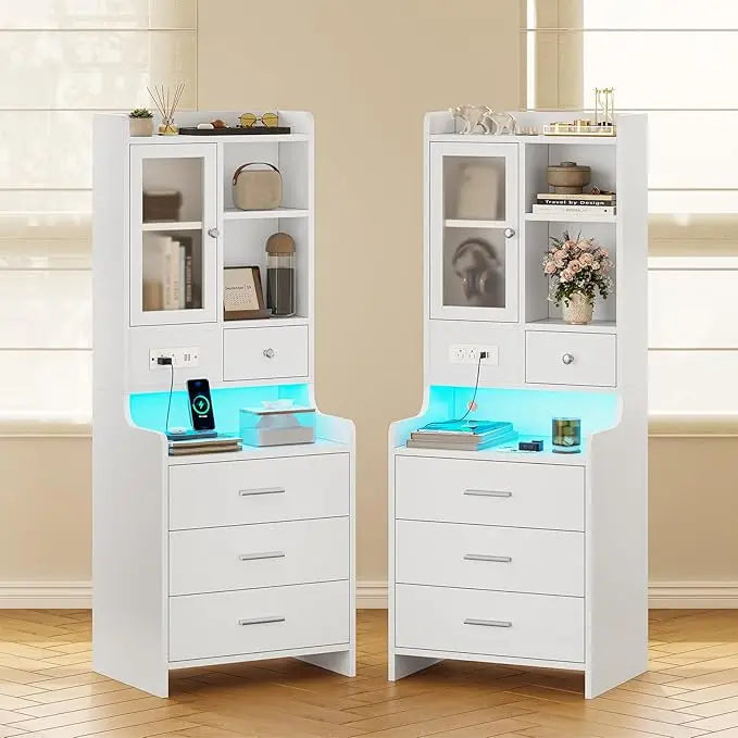 Black Night Stand Set of 2 with Charging Station,49.2" LED Nightstand for Bedroom,Tall Bedside Table with Bookshelf and Drawers