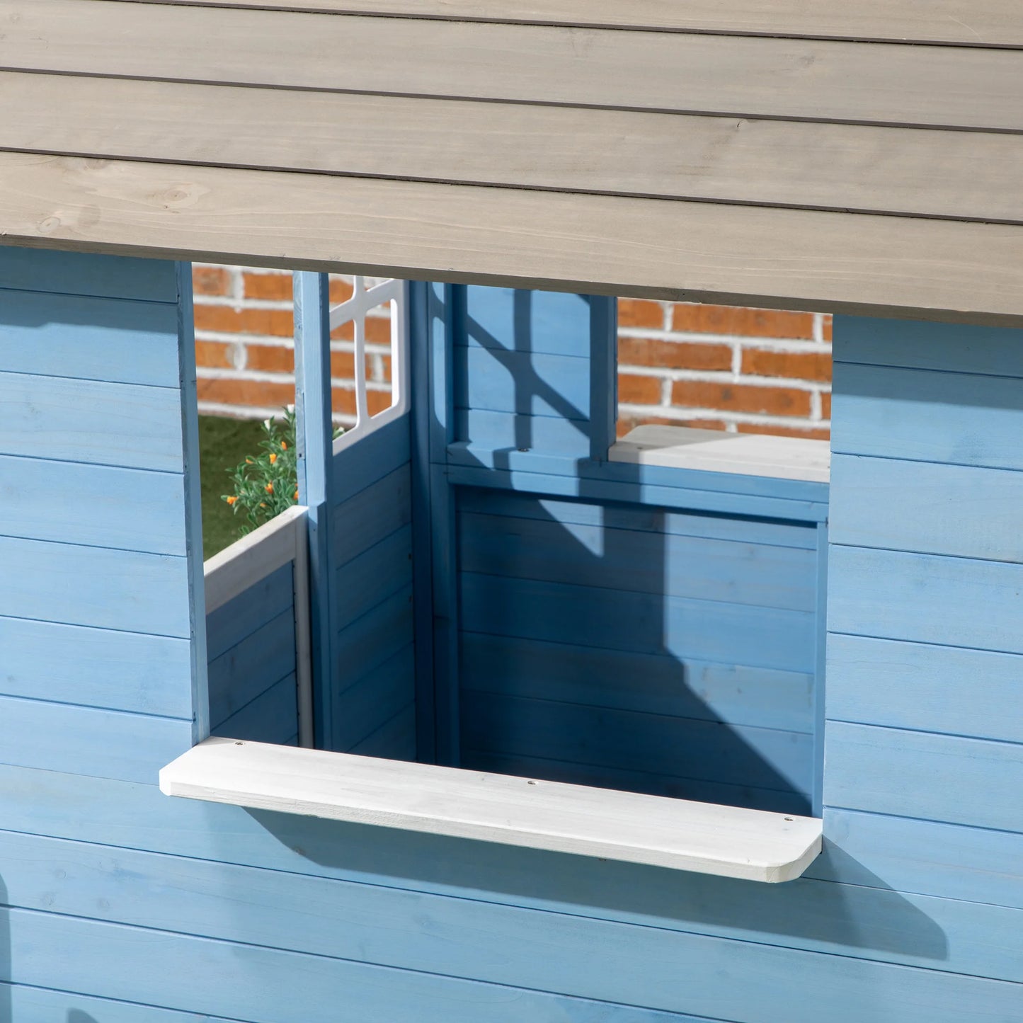 Outsunny Wooden Outdoor Playhouse for Kids with Flower Pot Holders and Windows