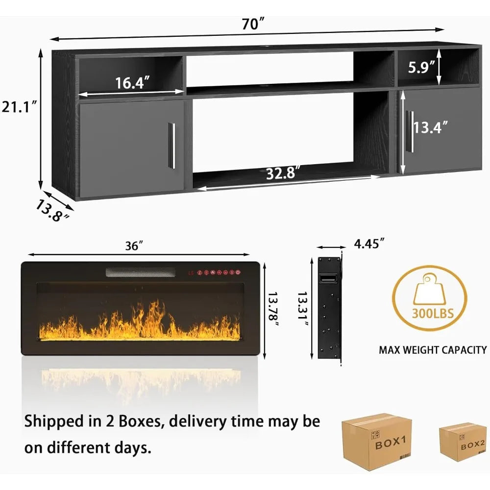 Floating TV Stand with Fireplace, 70" Floating TV Stand Wall with 36" Fireplace, Black Floating Electric Fireplace TV Stand