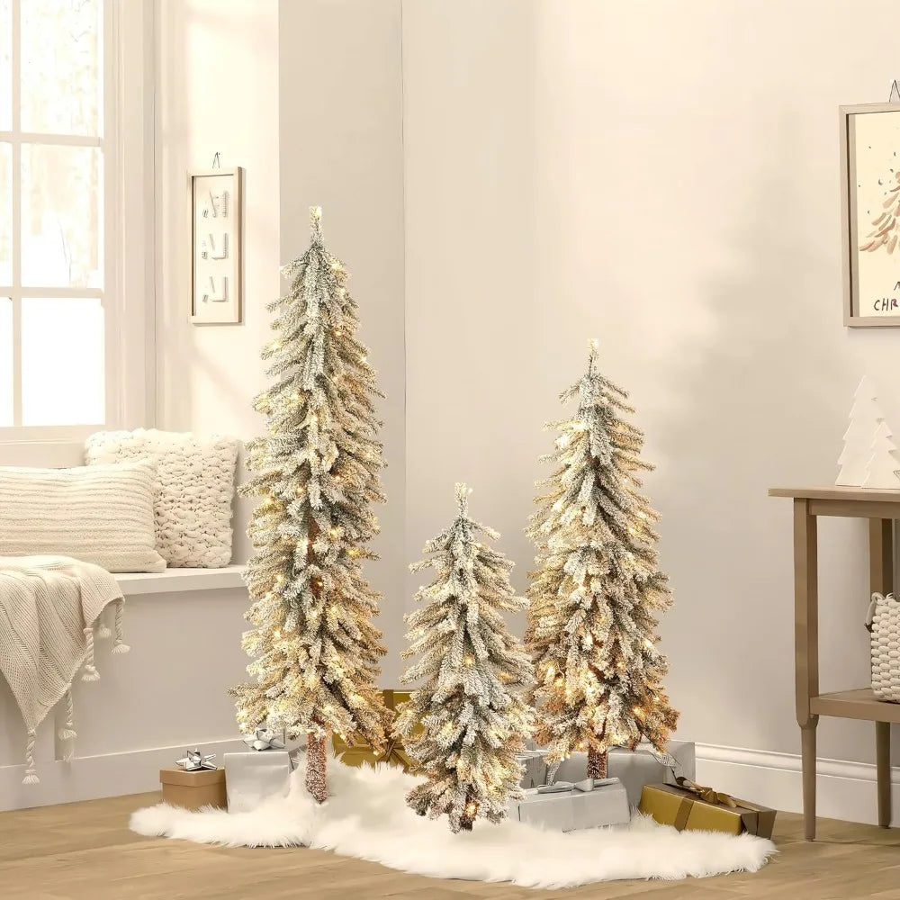 LuxenHome Flocked Christmas Tree Set Prelit Fir With Lights