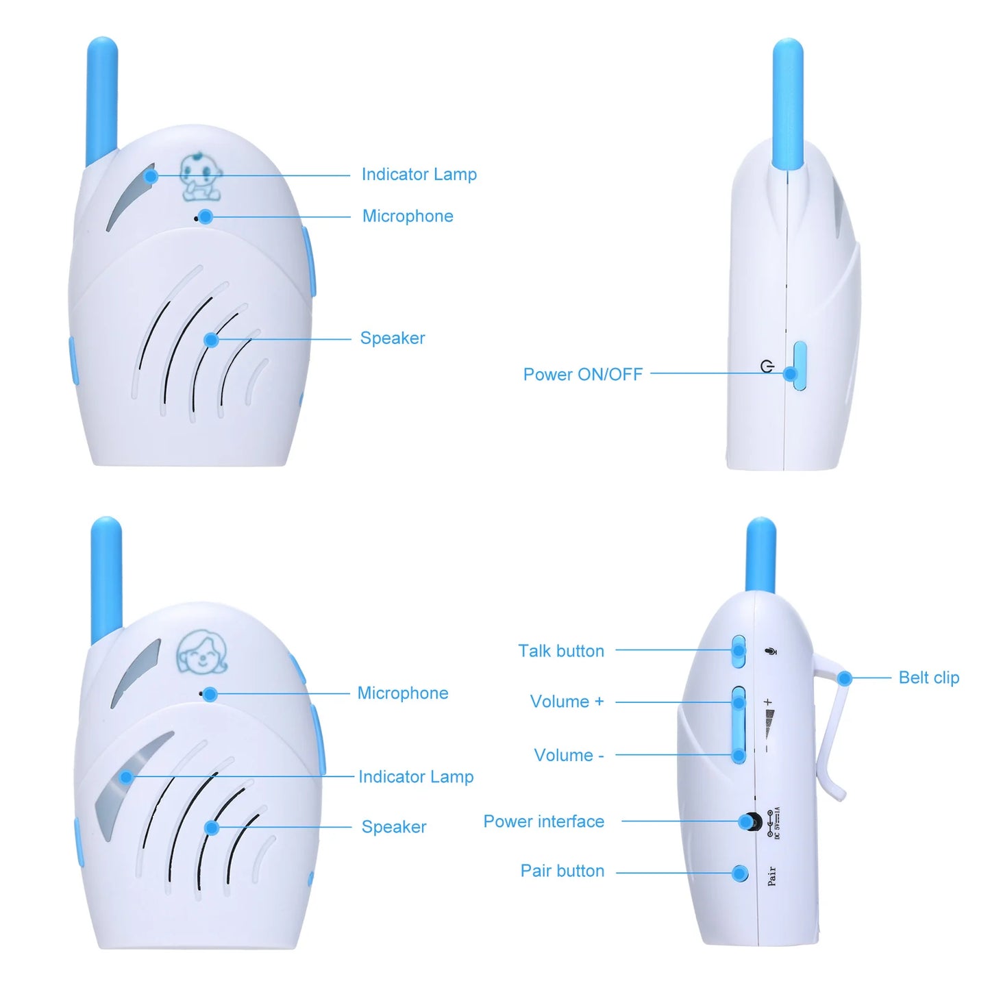 Portable Baby Monitor 2.4GHz Wireless Digital Audio Two Way Talk Crystal Clear Baby Cry Detector Sensitive Transmission Safety