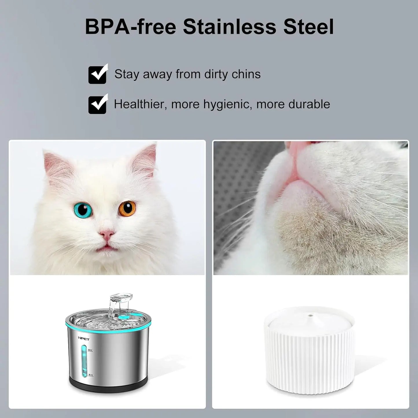 Hign-concerned NPET Feline Hydration Fountain Stainless Steel DishwasherSafe Window Light