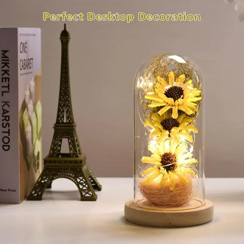 Hign-concerned Sunflower Glass Dome LED Strip Decoration Gift For Mothers Day And Valentines Day