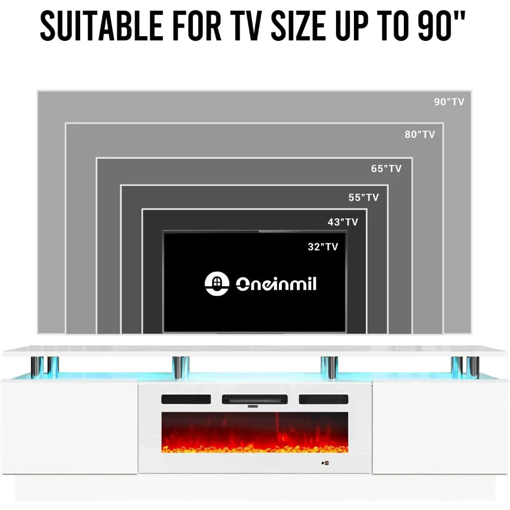 80" Modern Electric Fireplace TV Stand for TVs Up to 90 inch, with Electronic Flame and LED Lights, Luxury High Gloss Finish En