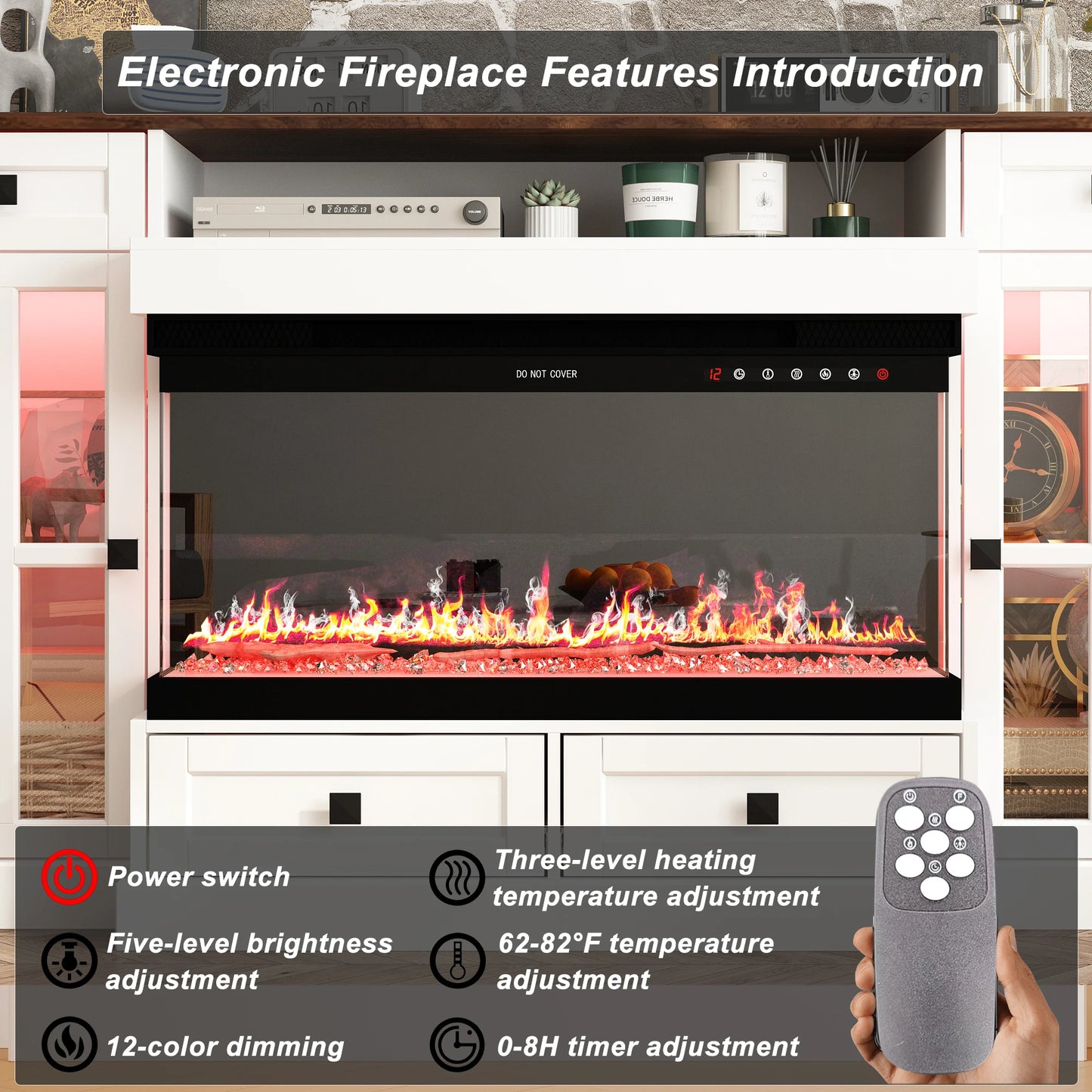 FUFU&GAGA Modern 55'' White Fireplace TV Stand with 12-Color LED Flames, Remote Control, Adjustable Heat & RGB Cabinet Lighting