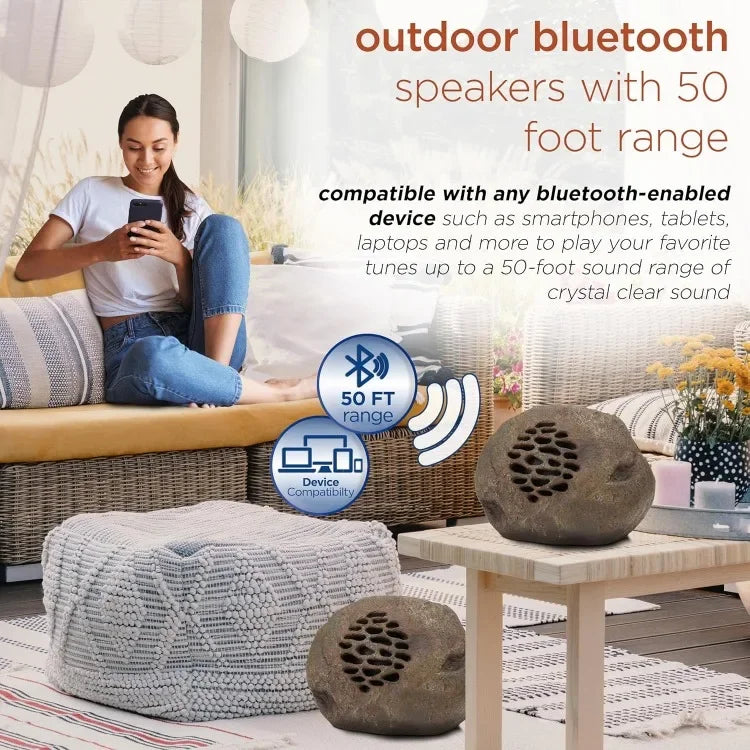 Hot Products.Waterproof Bluetooth Solar-Powered Outdoor Wireless Rock Speaker – Set of 2