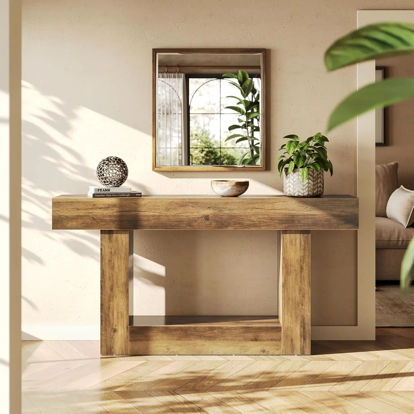 LITTLE TREE 63 Inches Long Console Table, 2-Tier Farmhouse Sofa Table Behind Couch for Living Room