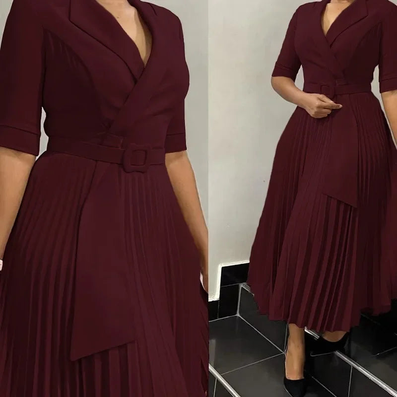 Elegant Office Dresses Pleated for Woman Notched Collar Half Sleeve Belt Waisted Mid Calf Professional Afircan Business New Robe