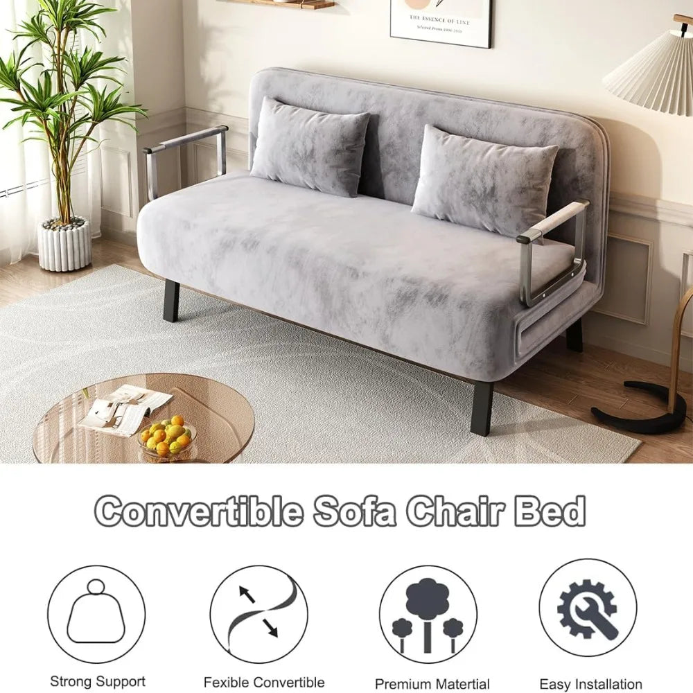 Convertible Queen Sleeper Sofa, 55" Tri-Folding with 6 Adjustable Backrests, Comfy Velvet Loveseat, Modern Futon for Bedroom & L