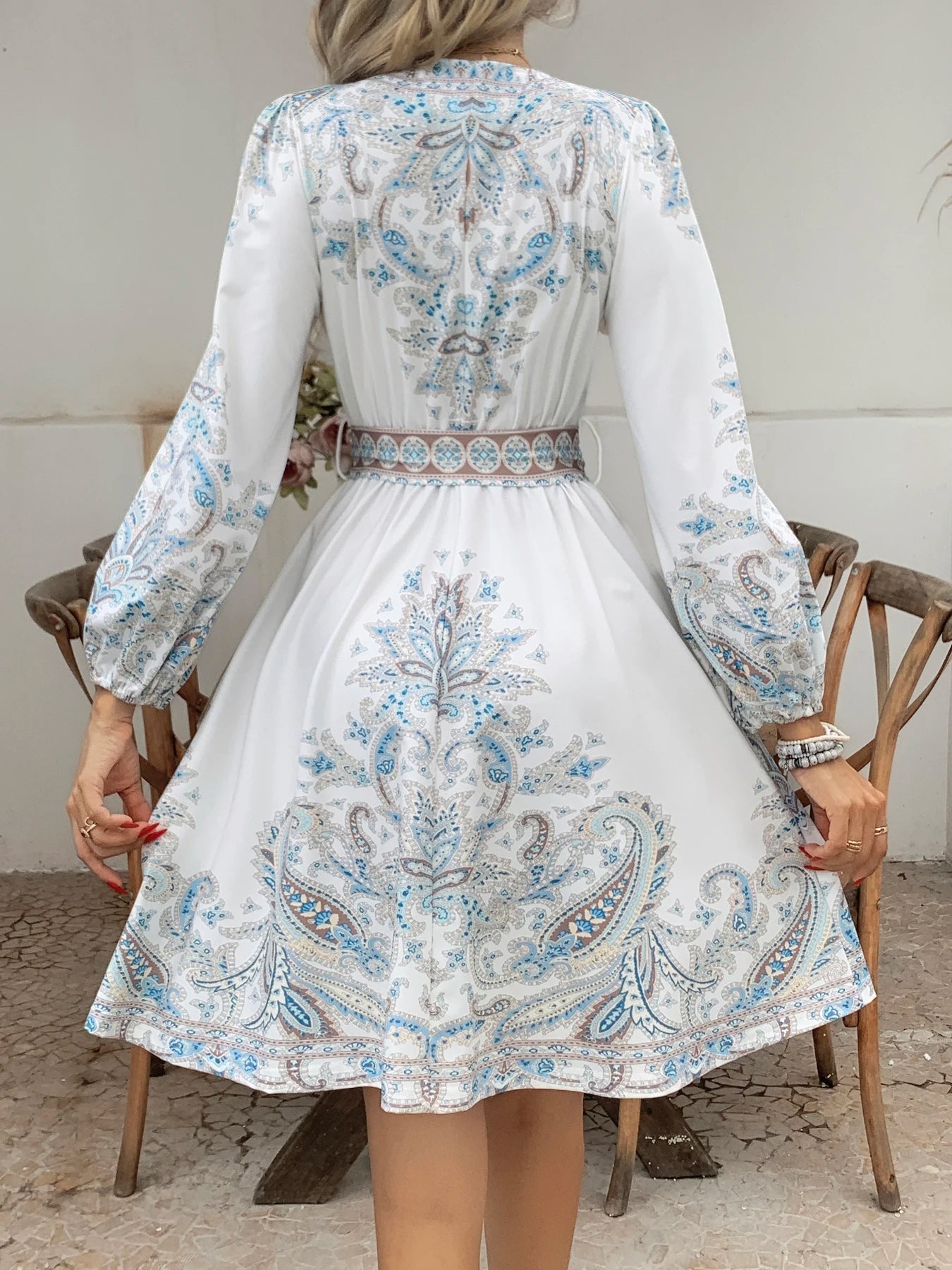 Women's Bohemian Dress - Vintage V-Neck Ruffled Maxi Dress with Belt, Floral Print, Lantern Sleeves & Button Down, Casual Short