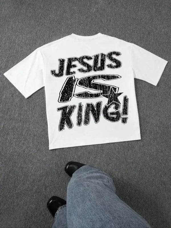 Women's Jesus Is King Letter Print Short Sleeve Tee Loose Casual Comfy T-shirt for Summer Daily Wear Women Men Tops Unisex Cloth