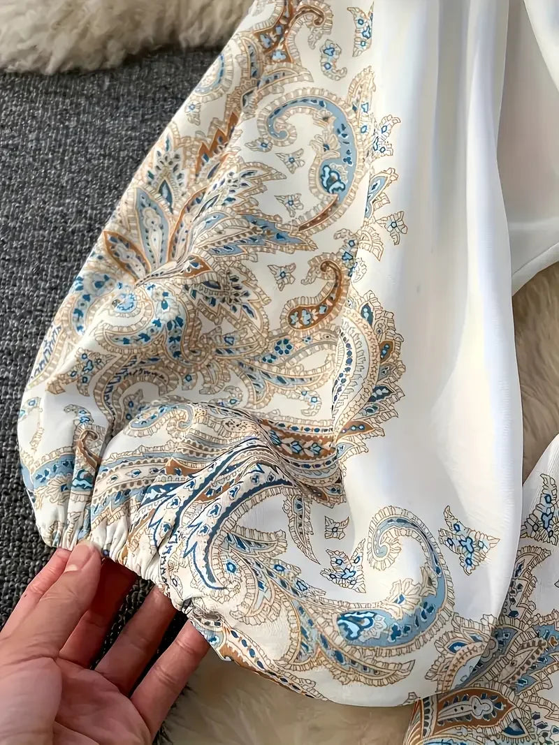 Women's Bohemian Dress - Vintage V-Neck Ruffled Maxi Dress with Belt, Floral Print, Lantern Sleeves & Button Down, Casual Short