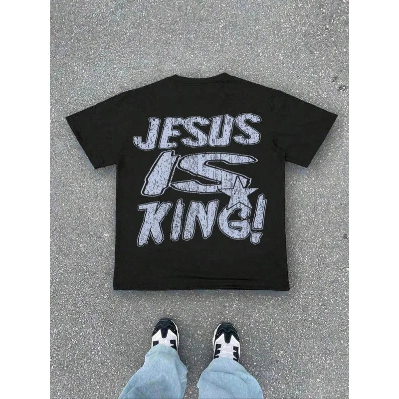 Women's Jesus Is King Letter Print Short Sleeve Tee Loose Casual Comfy T-shirt for Summer Daily Wear Women Men Tops Unisex Cloth