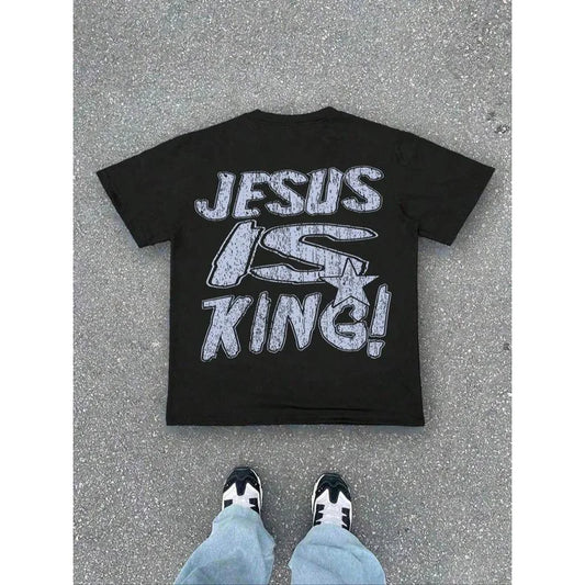 Women's Jesus Is King Letter Print Short Sleeve Tee Loose Casual Comfy T-shirt for Summer Daily Wear Women Men Tops Unisex Cloth