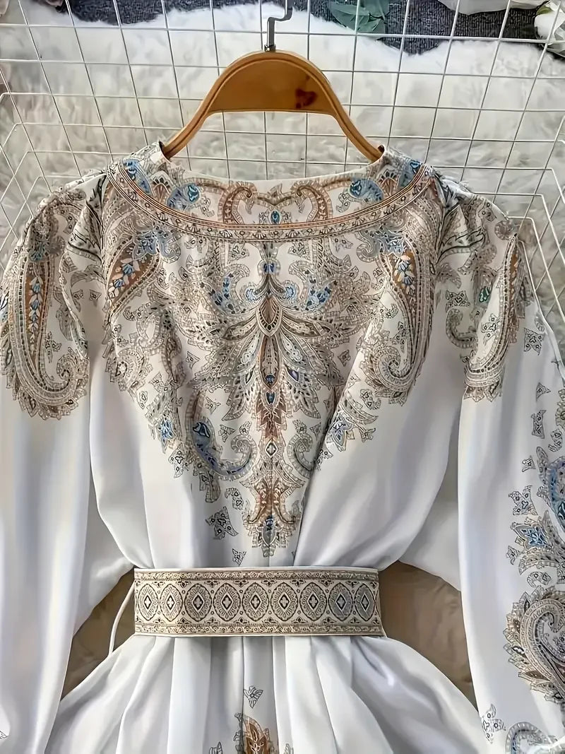 Women's Bohemian Dress - Vintage V-Neck Ruffled Maxi Dress with Belt, Floral Print, Lantern Sleeves & Button Down, Casual Short