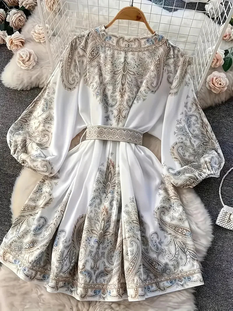 Women's Bohemian Dress - Vintage V-Neck Ruffled Maxi Dress with Belt, Floral Print, Lantern Sleeves & Button Down, Casual Short