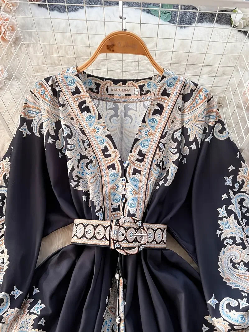 Women's Bohemian Dress - Vintage V-Neck Ruffled Maxi Dress with Belt, Floral Print, Lantern Sleeves & Button Down, Casual Short