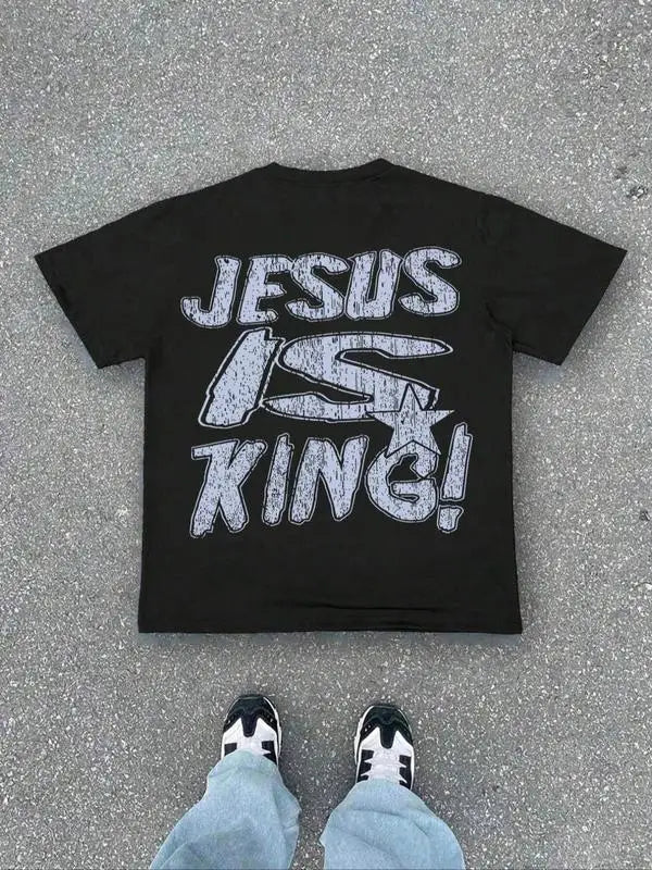 Women's Jesus Is King Letter Print Short Sleeve Tee Loose Casual Comfy T-shirt for Summer Daily Wear Women Men Tops Unisex Cloth