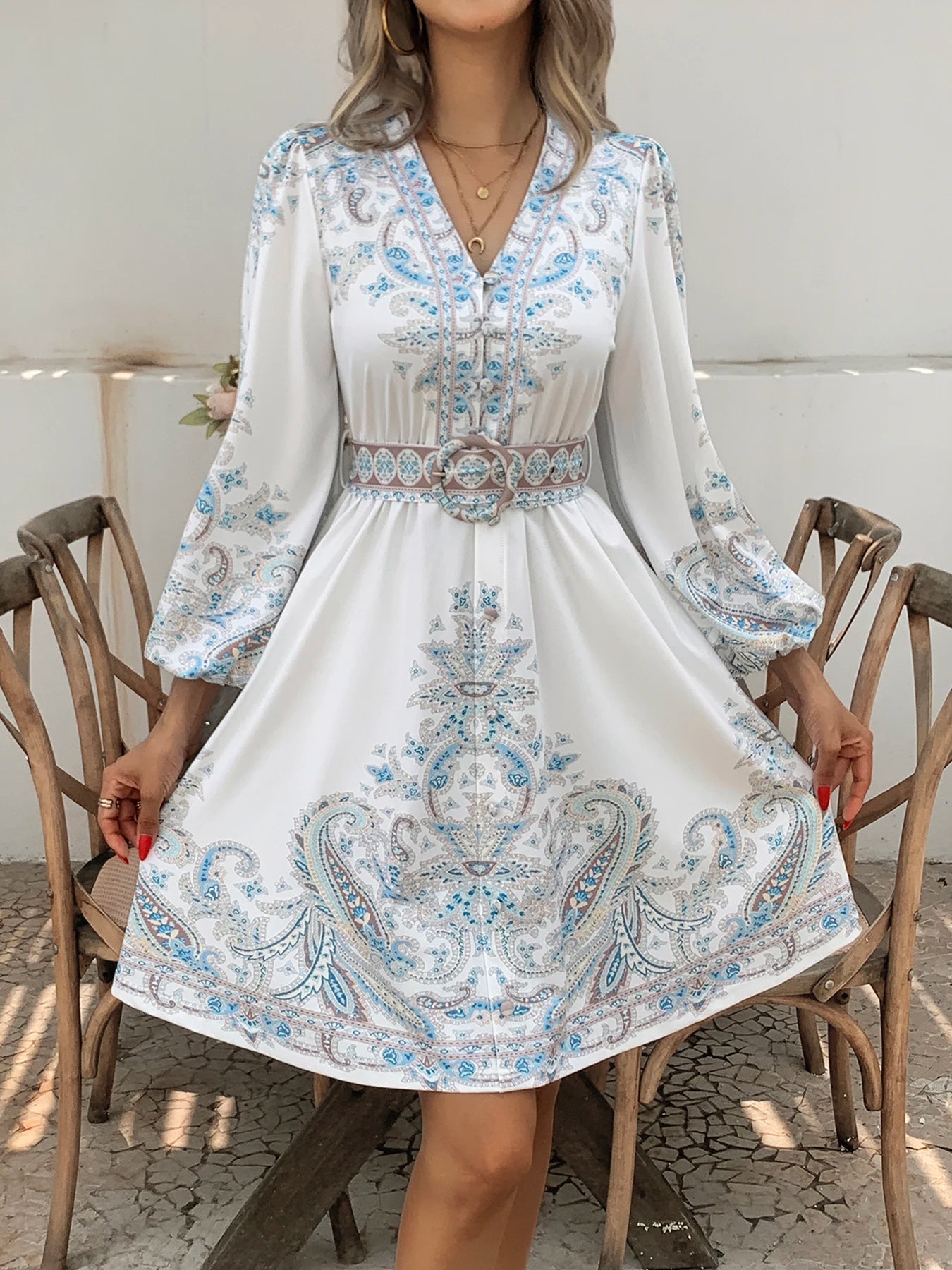 Women's Bohemian Dress - Vintage V-Neck Ruffled Maxi Dress with Belt, Floral Print, Lantern Sleeves & Button Down, Casual Short