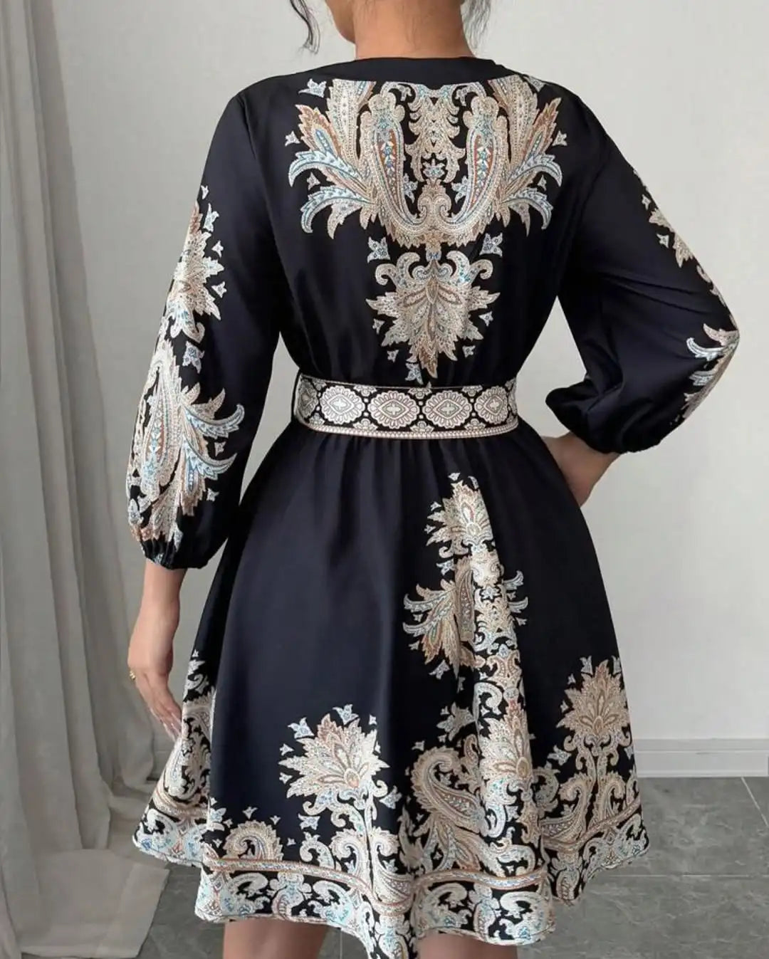 Women's Bohemian Dress - Vintage V-Neck Ruffled Maxi Dress with Belt, Floral Print, Lantern Sleeves & Button Down, Casual Short