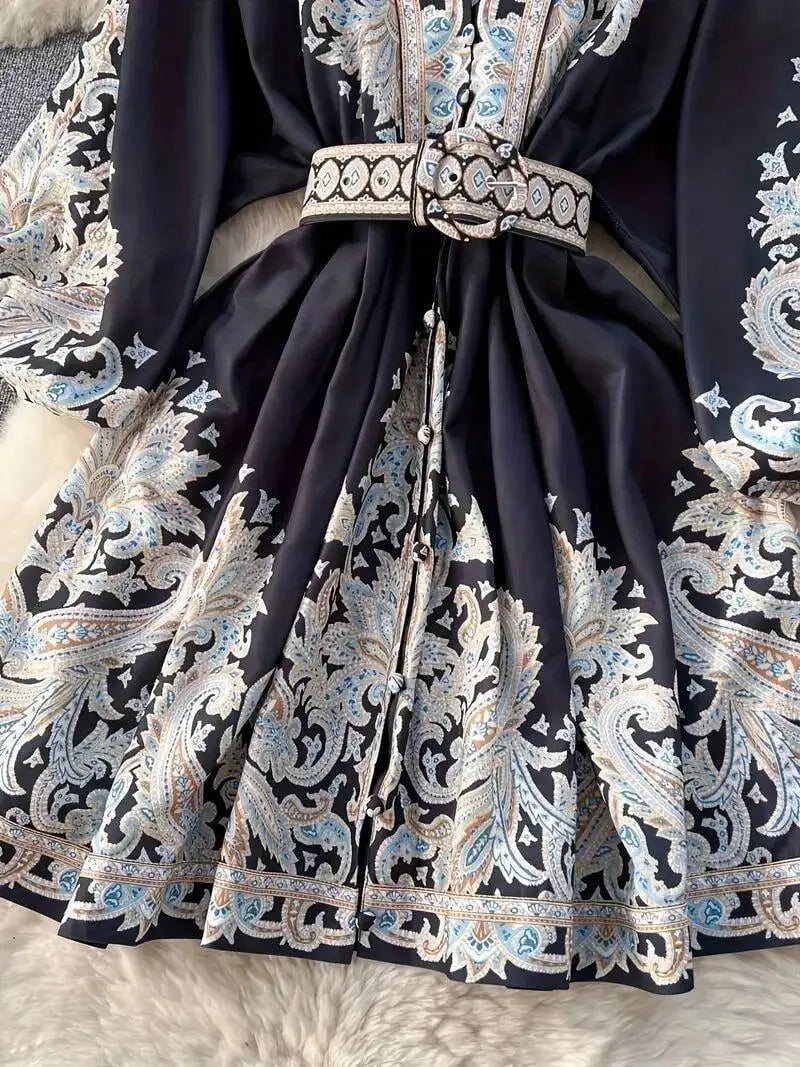 Women's Bohemian Dress - Vintage V-Neck Ruffled Maxi Dress with Belt, Floral Print, Lantern Sleeves & Button Down, Casual Short