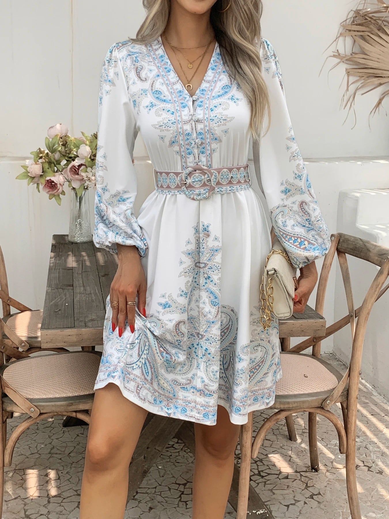 Women's Bohemian Dress - Vintage V-Neck Ruffled Maxi Dress with Belt, Floral Print, Lantern Sleeves & Button Down, Casual Short