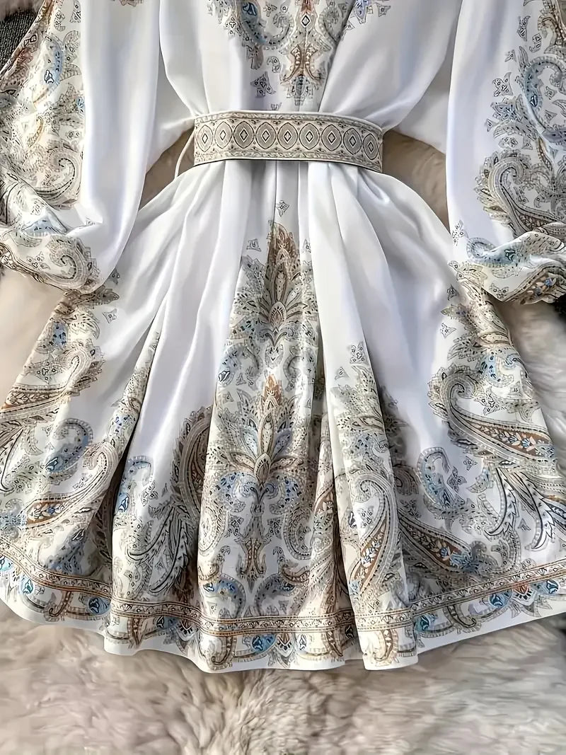 Women's Bohemian Dress - Vintage V-Neck Ruffled Maxi Dress with Belt, Floral Print, Lantern Sleeves & Button Down, Casual Short