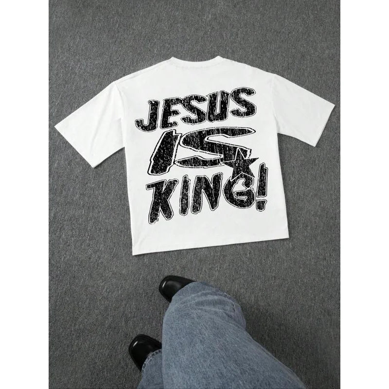 Women's Jesus Is King Letter Print Short Sleeve Tee Loose Casual Comfy T-shirt for Summer Daily Wear Women Men Tops Unisex Cloth