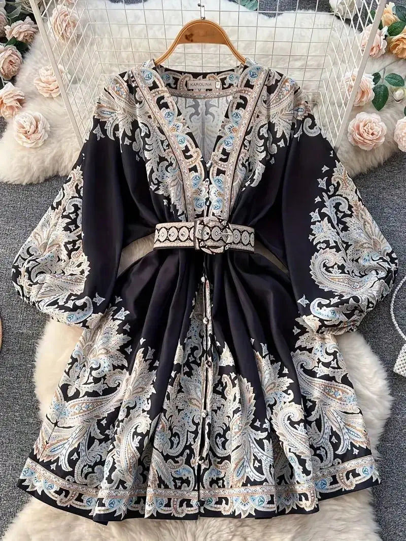 Women's Bohemian Dress - Vintage V-Neck Ruffled Maxi Dress with Belt, Floral Print, Lantern Sleeves & Button Down, Casual Short