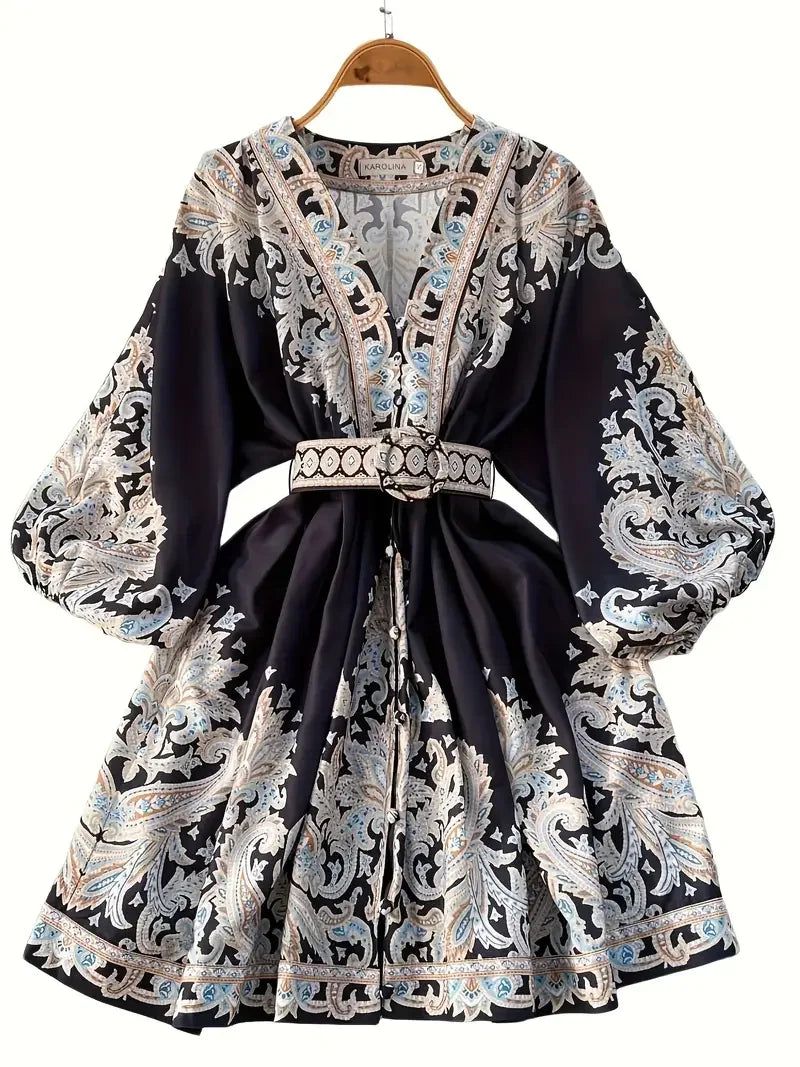 Women's Bohemian Dress - Vintage V-Neck Ruffled Maxi Dress with Belt, Floral Print, Lantern Sleeves & Button Down, Casual Short